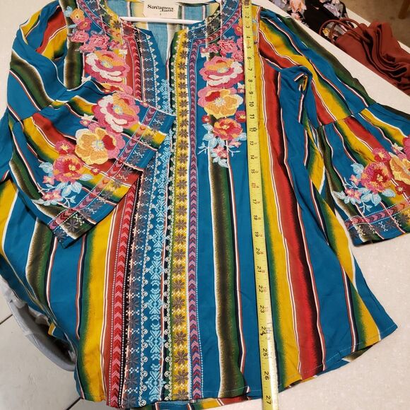 Savanna Jane Size Small Serape Stripe Embroidered Bell Sleeve Boho Tunic Blouse - Picture 7 of 9